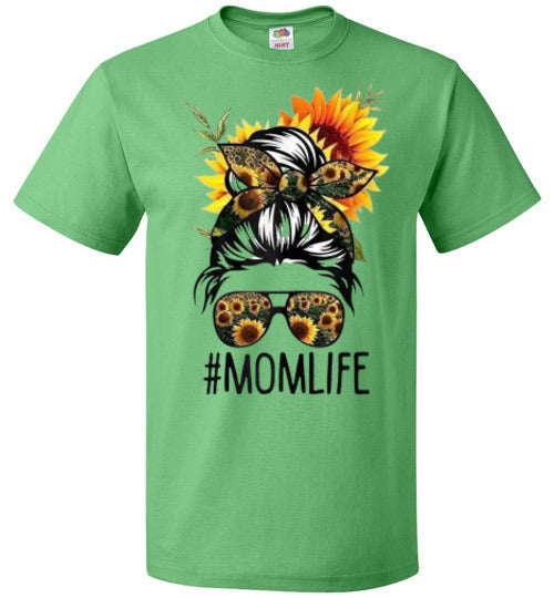 Mom Life Sunflower Fall Messy Hair Bun Graphic Tee Shirt Top