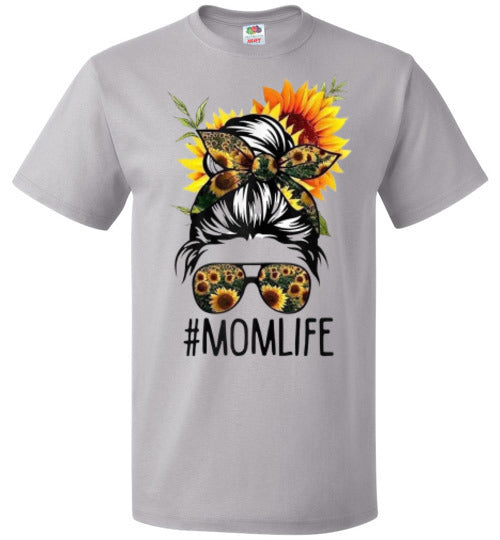 Mom Life Sunflower Fall Messy Hair Bun Graphic Tee Shirt Top