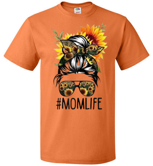 Mom Life Sunflower Fall Messy Hair Bun Graphic Tee Shirt Top