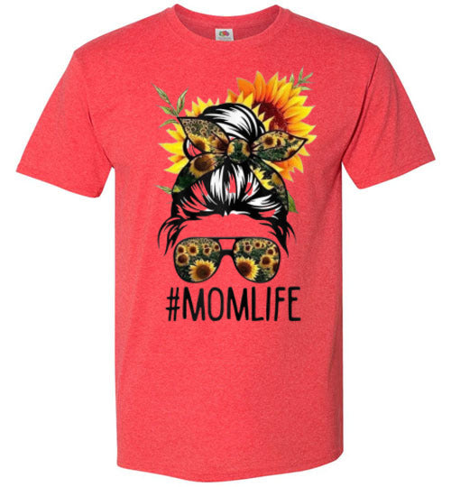 Mom Life Sunflower Fall Messy Hair Bun Graphic Tee Shirt Top