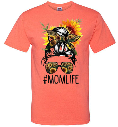 Mom Life Sunflower Fall Messy Hair Bun Graphic Tee Shirt Top