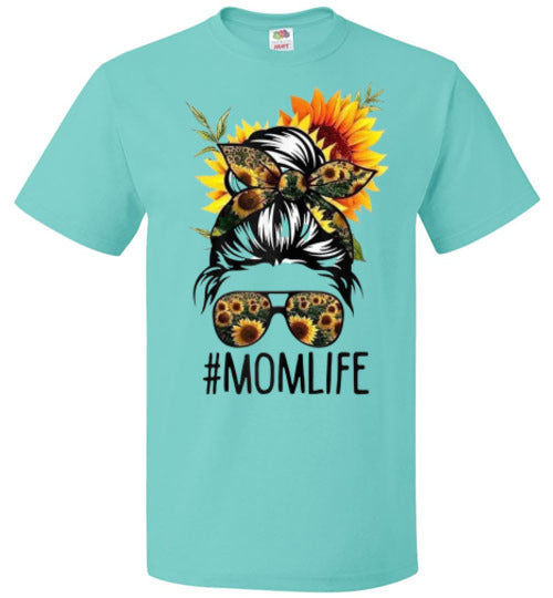 Mom Life Sunflower Fall Messy Hair Bun Graphic Tee Shirt Top