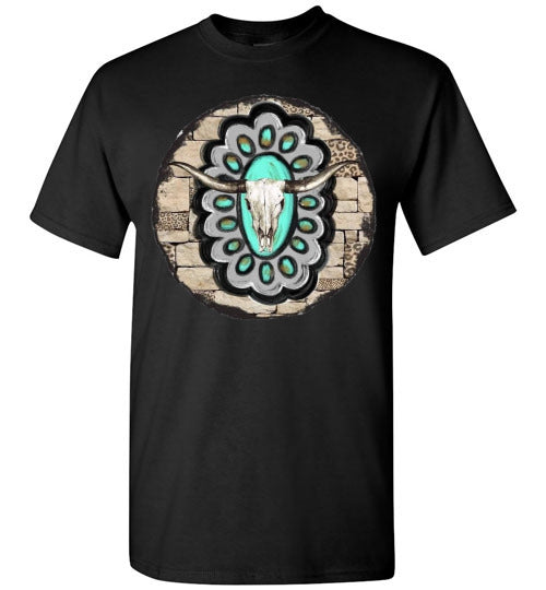 Southwestern Aztec Cow Bull Head Graphic Tee Shirt Top