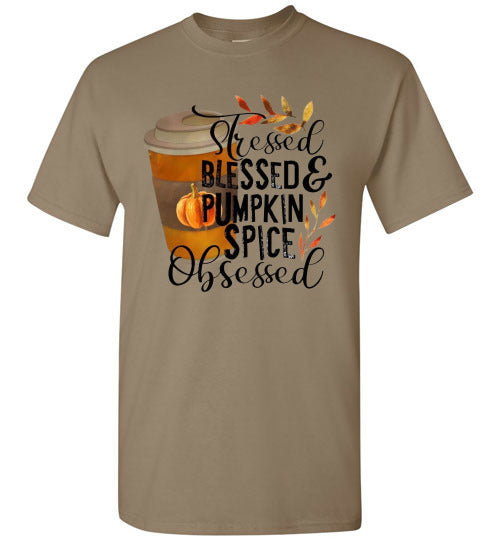 Stresses Blessed and Pumpkin Spice Obsessed Graphic Fall Tee Shirt Top