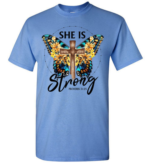 She Is Strong Butterfly Cross Christian Tee Shirt Top T-Shirt