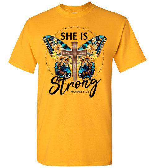 She Is Strong Butterfly Cross Christian Tee Shirt Top T-Shirt