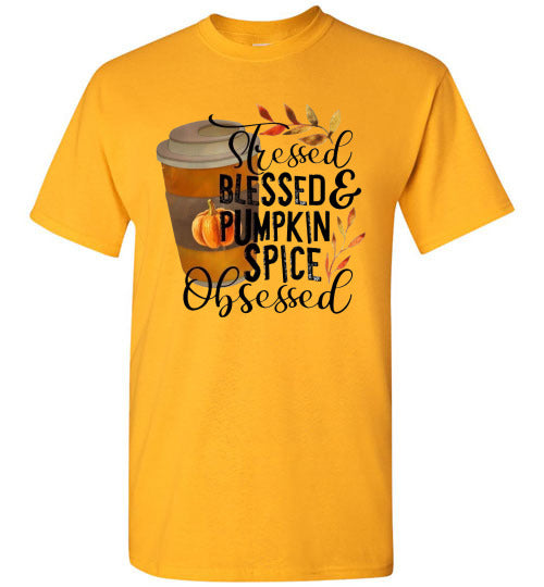 Stresses Blessed and Pumpkin Spice Obsessed Graphic Fall Tee Shirt Top