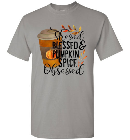 Stresses Blessed and Pumpkin Spice Obsessed Graphic Fall Tee Shirt Top