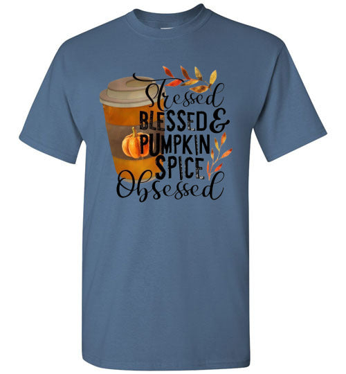 Stresses Blessed and Pumpkin Spice Obsessed Graphic Fall Tee Shirt Top