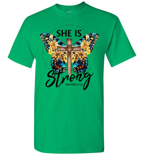 She Is Strong Butterfly Cross Christian Tee Shirt Top T-Shirt