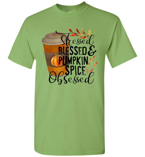 Stresses Blessed and Pumpkin Spice Obsessed Graphic Fall Tee Shirt Top