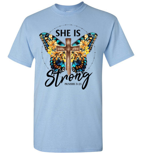 She Is Strong Butterfly Cross Christian Tee Shirt Top T-Shirt