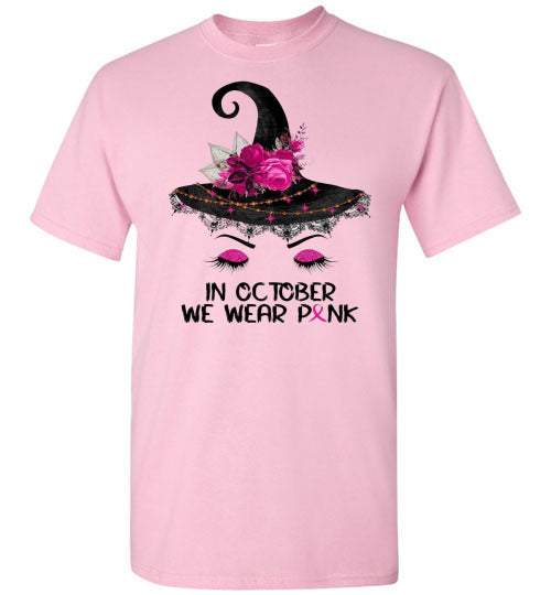 In October We Wear Pink Breast Cancer Awareness Witch Halloween Tee Shirt Top T-Shirt