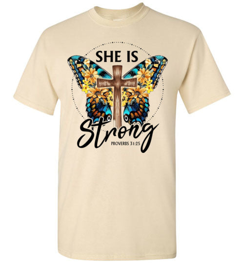 She Is Strong Butterfly Cross Christian Tee Shirt Top T-Shirt