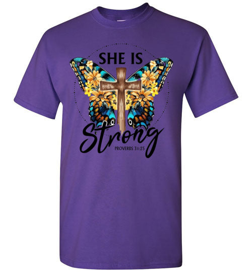 She Is Strong Butterfly Cross Christian Tee Shirt Top T-Shirt