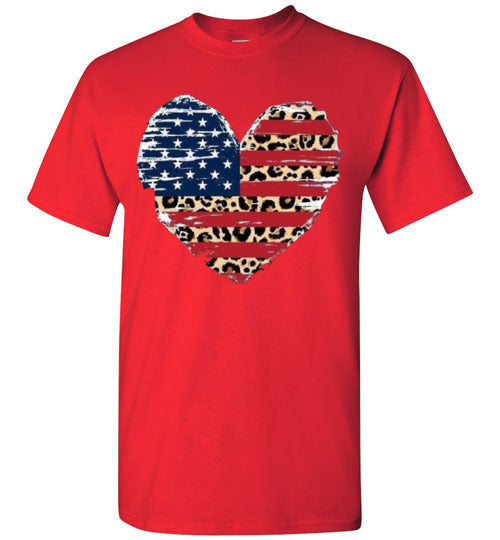 Leopard Heart American Flag Tee Shirt Graphic Top