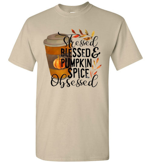 Stresses Blessed and Pumpkin Spice Obsessed Graphic Fall Tee Shirt Top