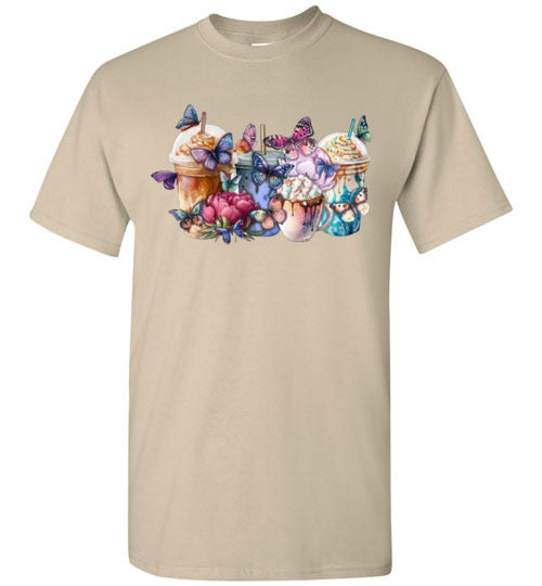 Whimsical Butterfly and Coffee Cups Graphic Tee Shirt Top T-Shirt