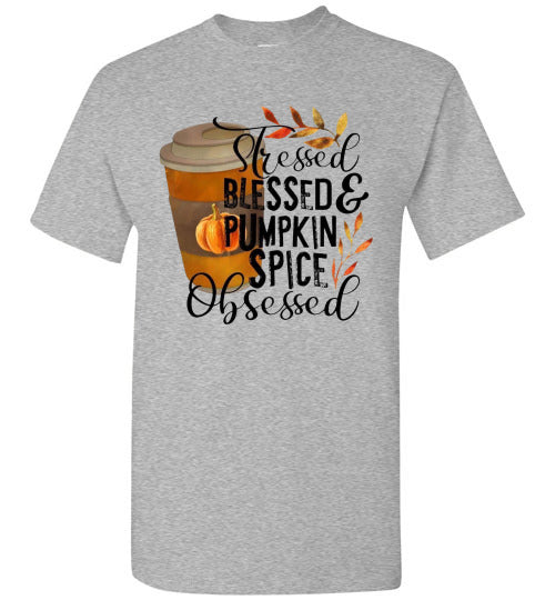 Stresses Blessed and Pumpkin Spice Obsessed Graphic Fall Tee Shirt Top