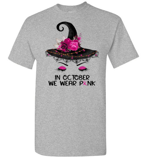 In October We Wear Pink Breast Cancer Awareness Witch Halloween Tee Shirt Top T-Shirt