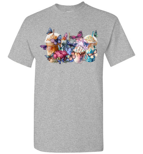 Whimsical Butterfly and Coffee Cups Graphic Tee Shirt Top T-Shirt