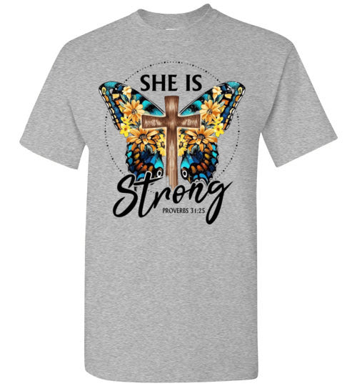 She Is Strong Butterfly Cross Christian Tee Shirt Top T-Shirt