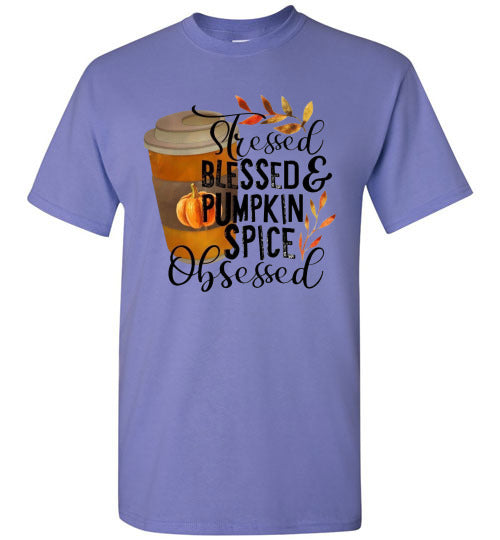 Stresses Blessed and Pumpkin Spice Obsessed Graphic Fall Tee Shirt Top