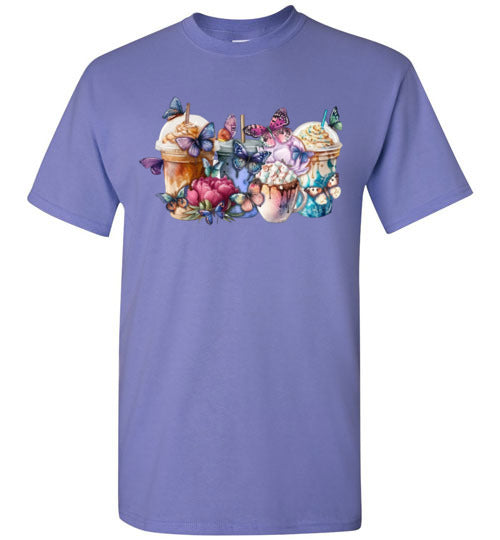 Whimsical Butterfly and Coffee Cups Graphic Tee Shirt Top T-Shirt