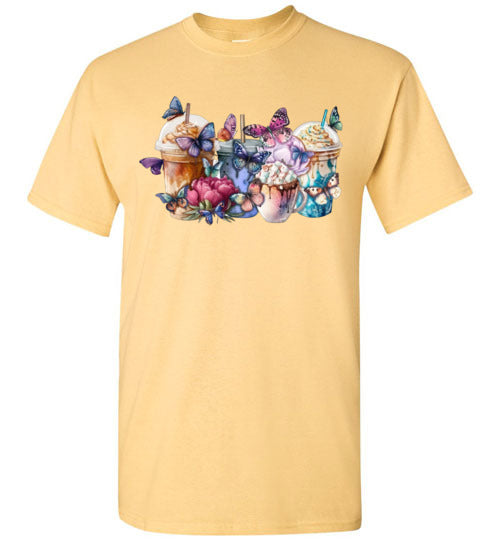 Whimsical Butterfly and Coffee Cups Graphic Tee Shirt Top T-Shirt
