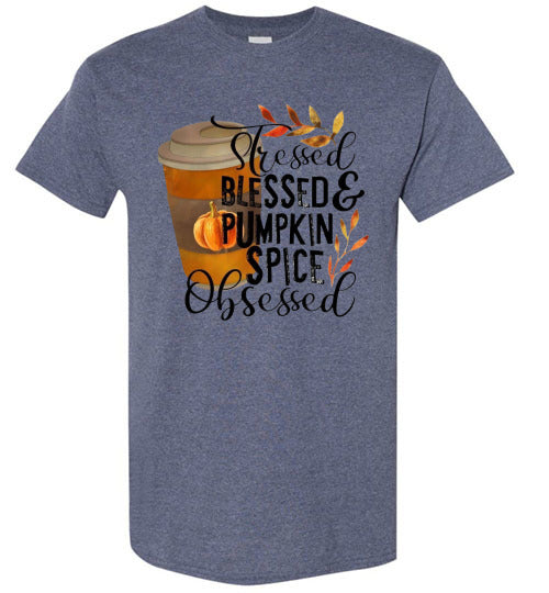 Stresses Blessed and Pumpkin Spice Obsessed Graphic Fall Tee Shirt Top