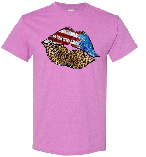 Patriotic USA American Lips Graphic Tee Shirt Top