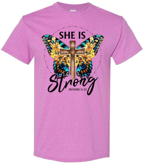 She Is Strong Butterfly Cross Christian Tee Shirt Top T-Shirt