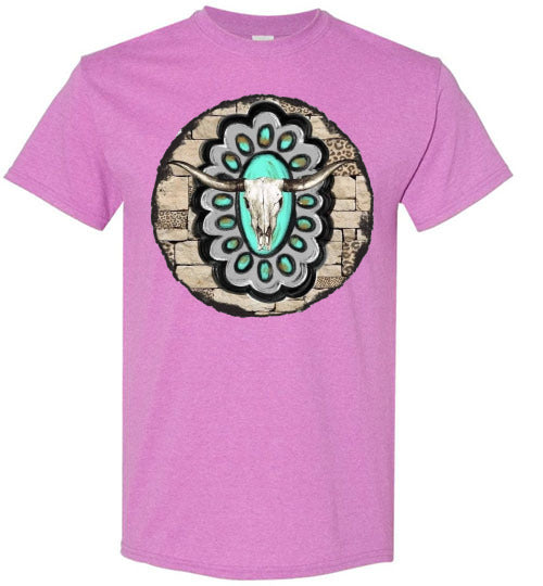 Southwestern Aztec Cow Bull Head Graphic Tee Shirt Top