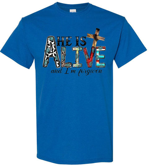 He Is Alive and I am Forgiven Christian Spiritual Graphic Tee Shirt Top