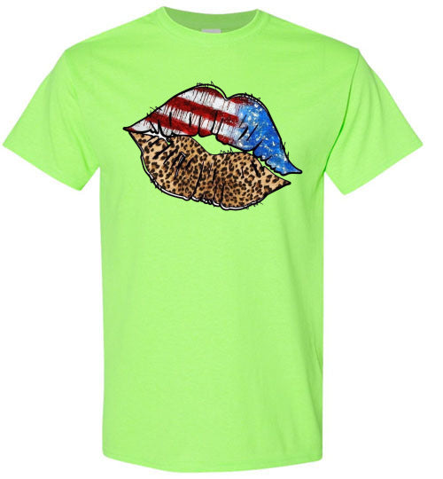 Patriotic USA American Lips Graphic Tee Shirt Top