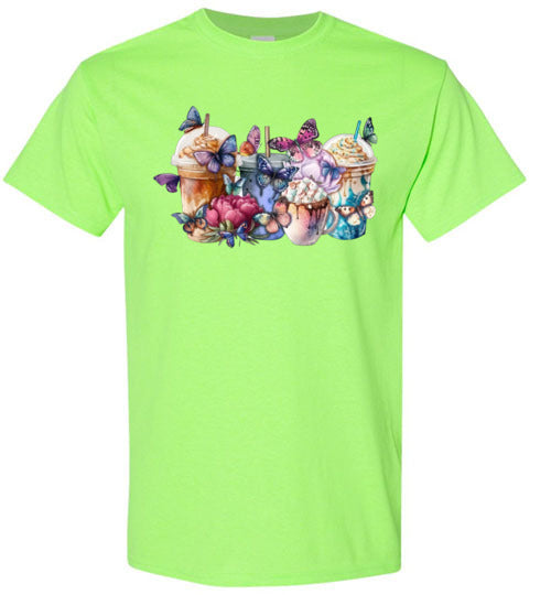 Whimsical Butterfly and Coffee Cups Graphic Tee Shirt Top T-Shirt