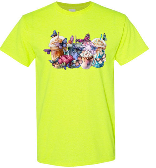 Whimsical Butterfly and Coffee Cups Graphic Tee Shirt Top T-Shirt