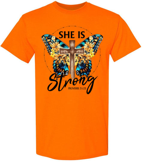 She Is Strong Butterfly Cross Christian Tee Shirt Top T-Shirt