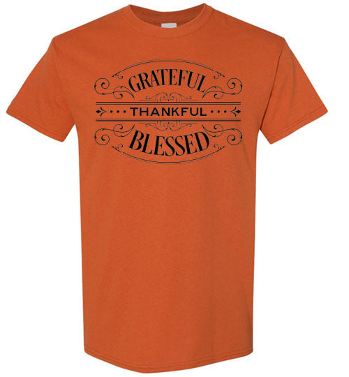 Grateful Thankful Blessed Fall Autumn Thanksgiving Graphic Tee Shirt top