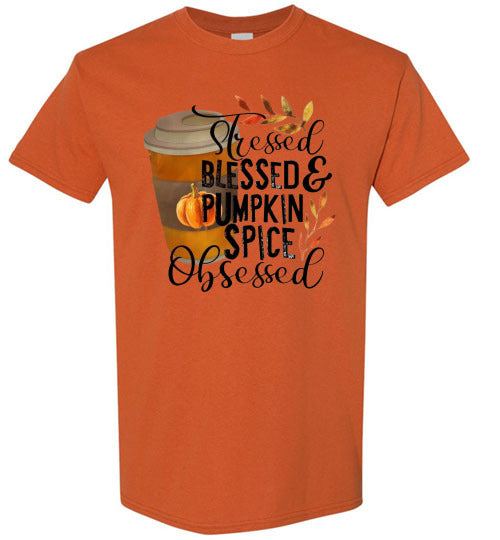 Stresses Blessed and Pumpkin Spice Obsessed Graphic Fall Tee Shirt Top