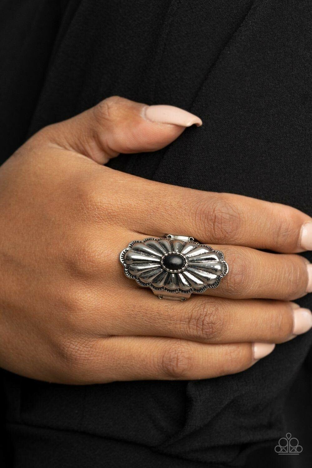 Cottage Couture - Black Silver Stretchy Ring Paparazzi Jewelry Accessories 7808