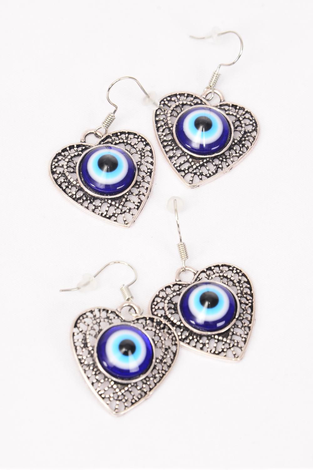 Blue Venetian Glass Hamsa Evil Eye Heart Good Luck And Protection Earrings 02929