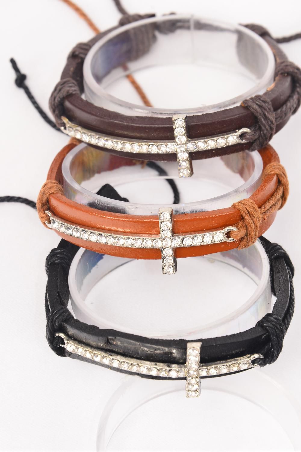 Real Leather Band Rhinestone Sideways Cross Bracelet 27236