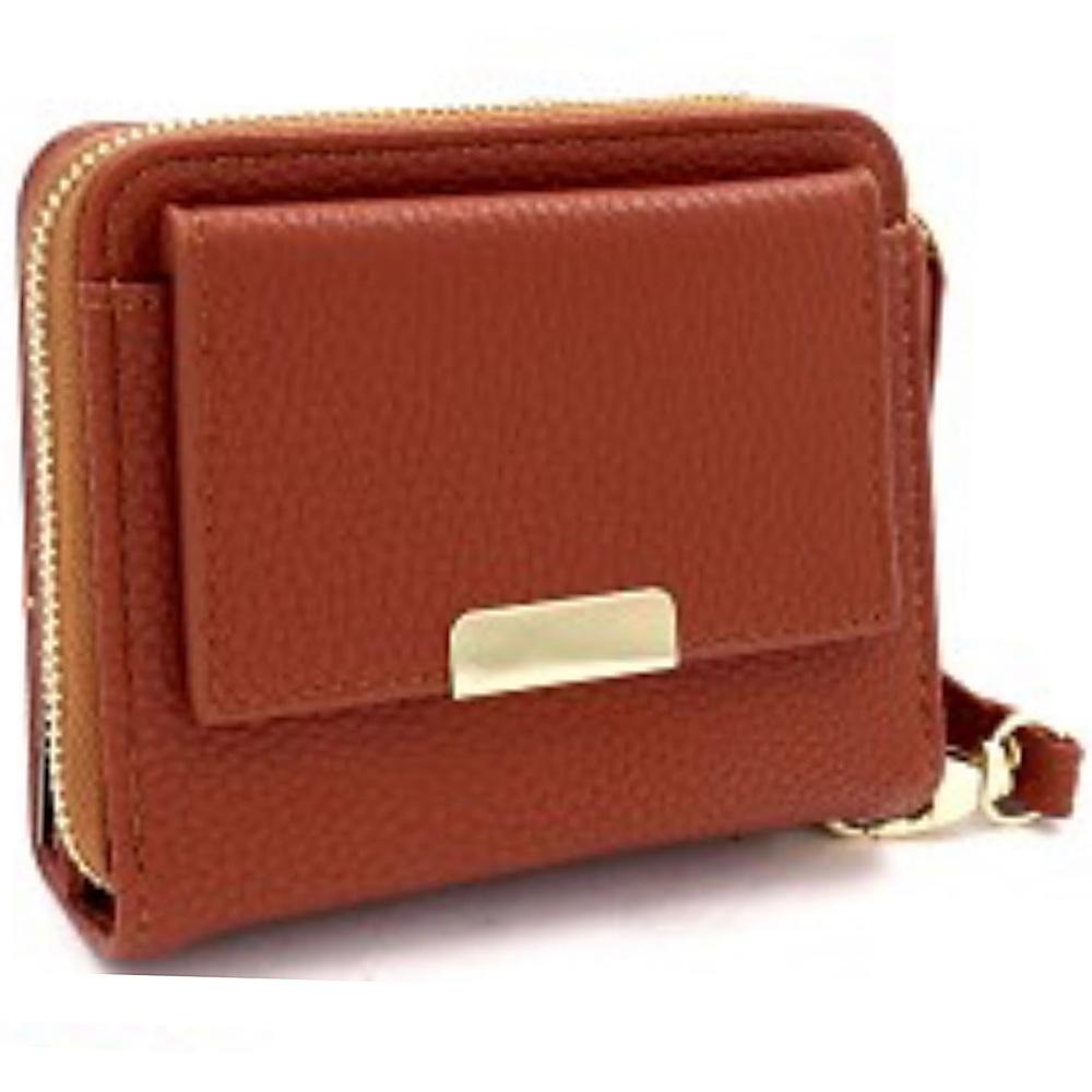 Zipper Compartment Small Bi-Fold Wristlet Wallet Brown