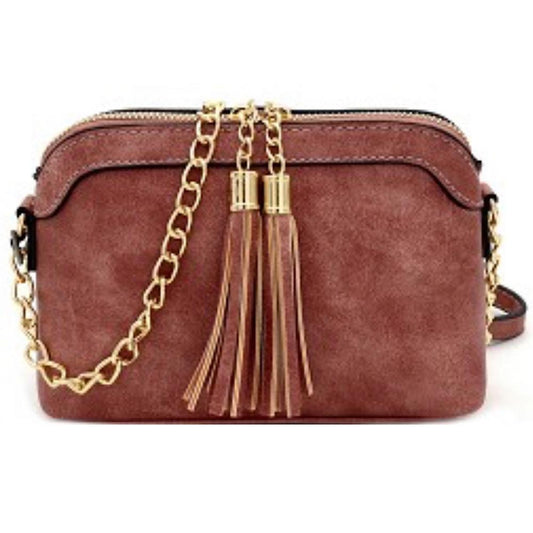 Mauve Double Tassel Accent Chain Cross Body Shoulder Bag
