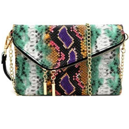Multi-Color Snake Print Asymmetrical Flap Clutch Shoulder Bag Green