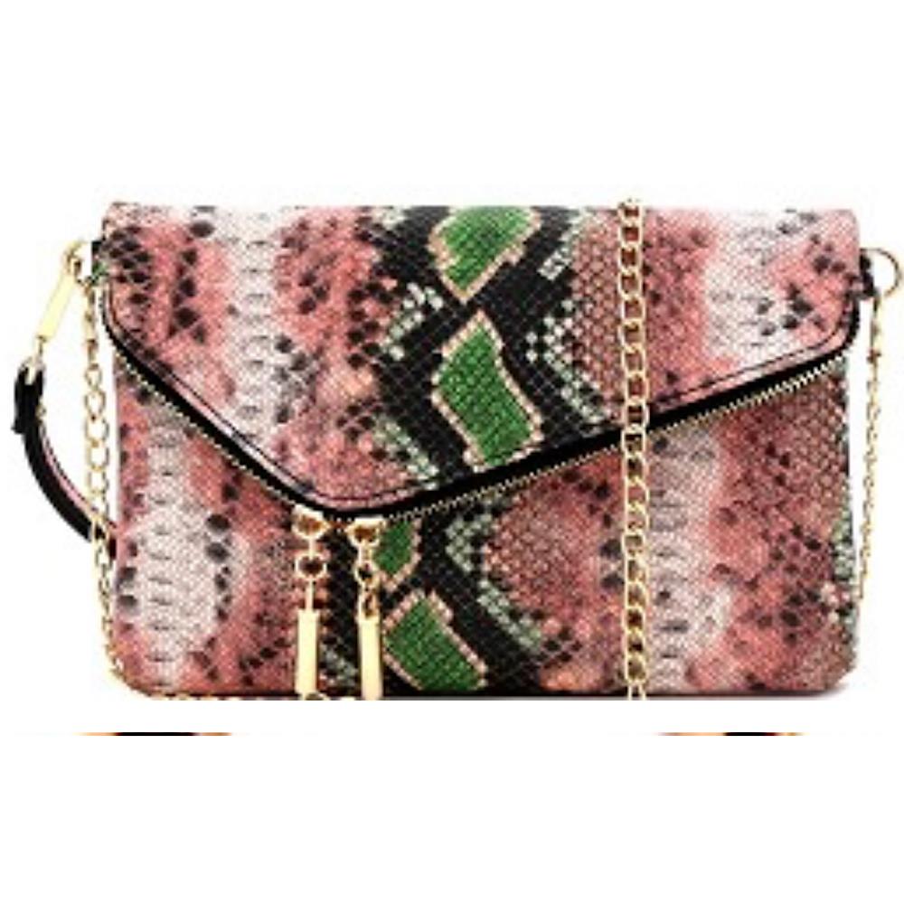 Multi-Color Snake Print Asymmetrical Flap Clutch Shoulder Bag Pink