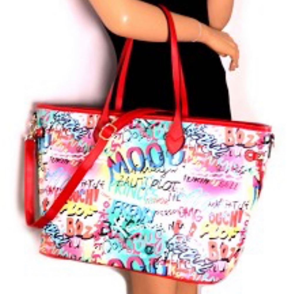 Graffiti Effect Oversized 2-Way Weekender Tote Red Large Shoulder Bag Handbag