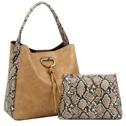 Knot Accent Snake Print 2 in 1 Hobo Tan Handbag Value Combo Set Purse Bag