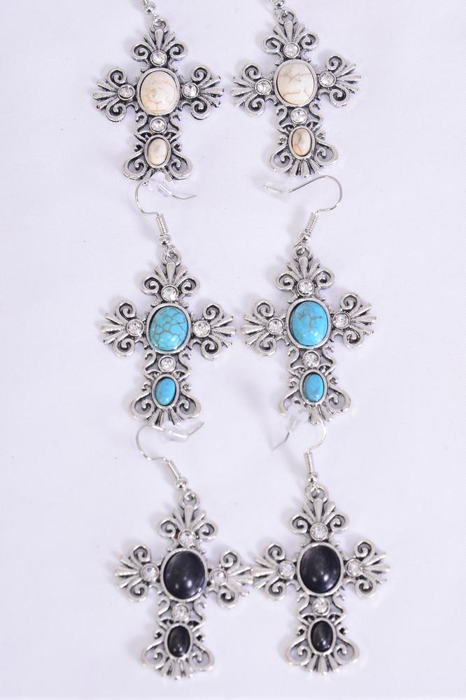 Antique Style Cross Semiprecious Stone Earrings 75025